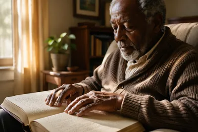 Elderly Man Reading Braille by Window