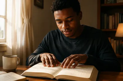 Young Man Reading Braille Bible by Window