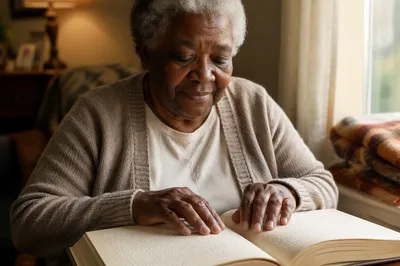 Elderly Woman Reading Braille Bible
