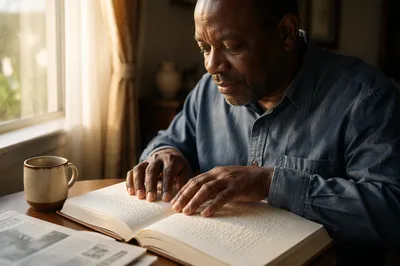 Man Reading Braille Bible by Window
