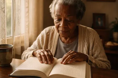 Elderly Woman Reading Braille Book by Window