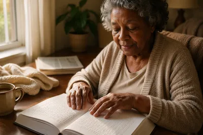 Elderly Woman Reading Braille Bible by Window