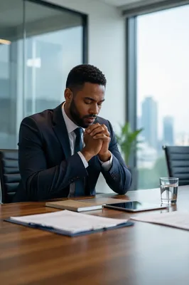Businessman Praying Before Office Meeting