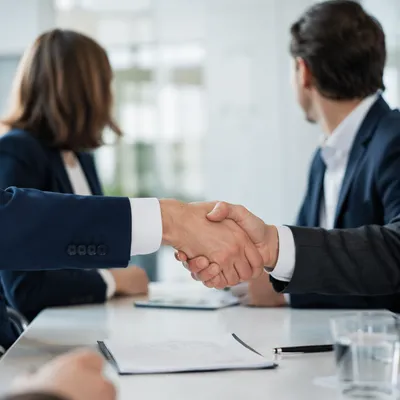 Business Professionals Handshake in Bright Office