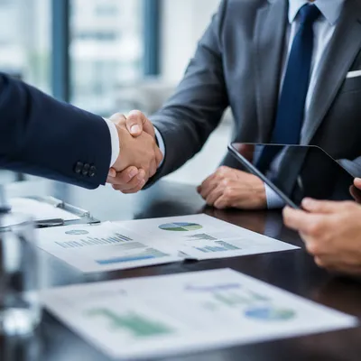Professional Handshake at Corporate Meeting Table