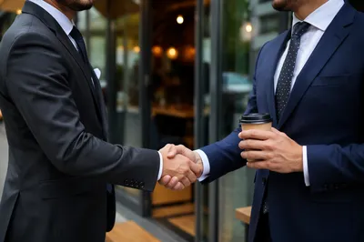 Business Handshake Outside Modern Office Entrance