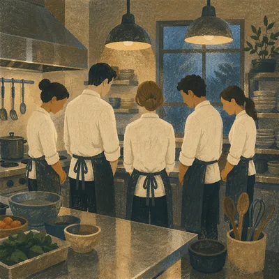 Chefs Praying Quietly Before Dinner Service