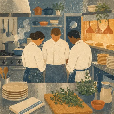 Chefs Praying Before Dinner Service