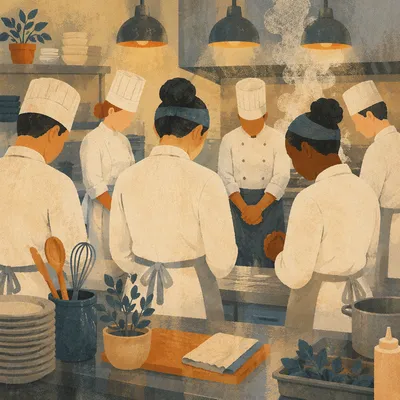 Chefs Praying Quietly Before Dinner Service