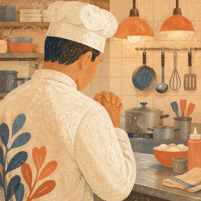 Chef Praying Quietly Before Dinner Service