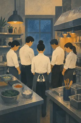 Chefs Praying Before Dinner Service