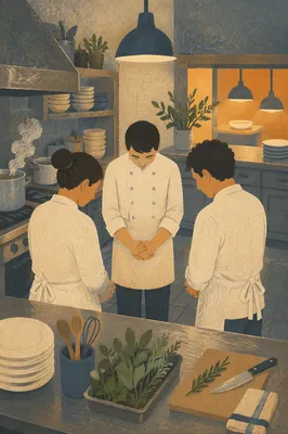 Chefs Praying Before Dinner Service