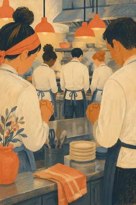 Chefs Praying Quietly Before Dinner Service