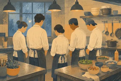 Chefs Praying Before Dinner Service