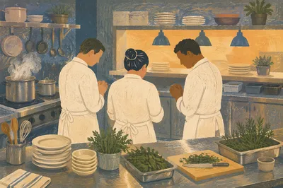 Chefs Praying Before Dinner Service