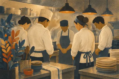 Chefs Praying Quietly Before Dinner Service