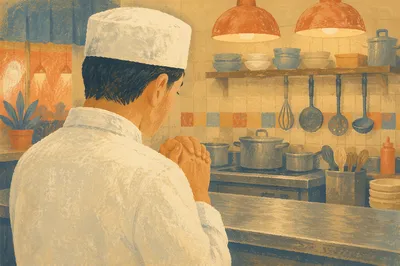 Chef Praying Quietly Before Dinner Service