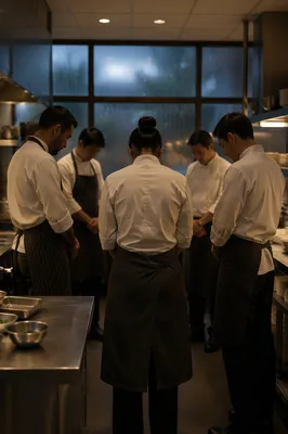 Chefs Praying Quietly Before Dinner Service