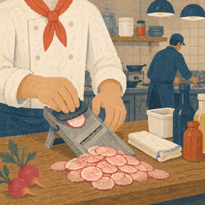 Chef Preparing Radishes in Warm Kitchen