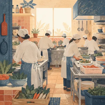 Busy Restaurant Kitchen Food Preparation Scene