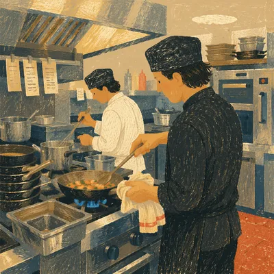 Chefs Cooking on Busy Restaurant Line