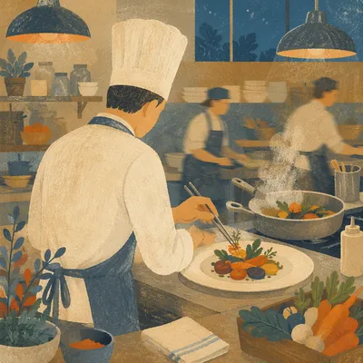 Chef Plating Vegetables in Modern Kitchen