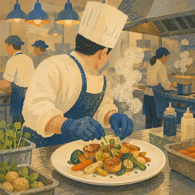 Chef Plating Fresh Dish in Busy Kitchen