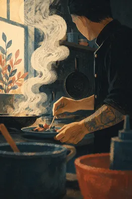 Moody Chef Preparing Food in Kitchen