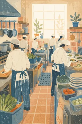 Busy Restaurant Kitchen Food Preparation Scene