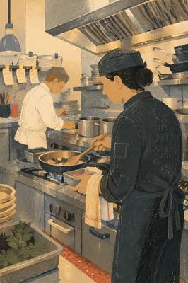 Chefs Preparing Food in Busy Kitchen