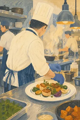 Chef Plating Fresh Dish in Busy Kitchen
