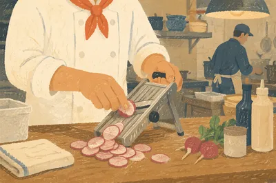 Chef Slicing Radish in Warm Kitchen