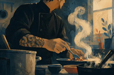 Chef Preparing Food in Moody Kitchen