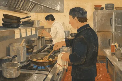 Chefs Preparing Food in Busy Kitchen