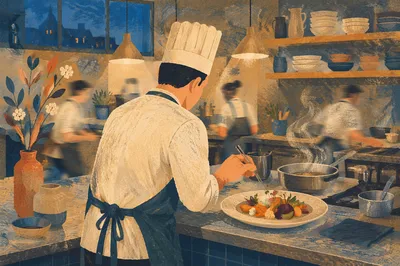 Chef Plating Vegetables in Busy Kitchen