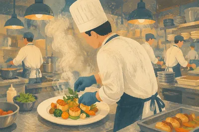 Chef Plating Fresh Dish in Restaurant Kitchen