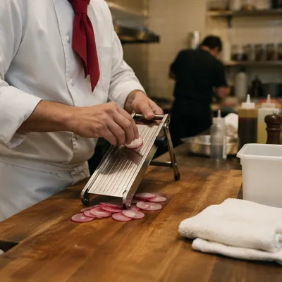 Chef Slicing Radishes in Professional Kitchen