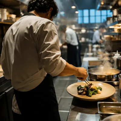 Chef Plating Vegetables in Modern Kitchen