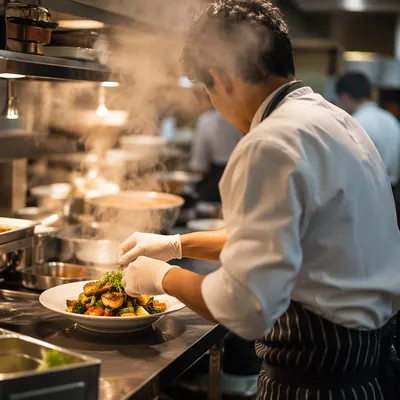 Chef Plating Fresh Dish in Restaurant Kitchen