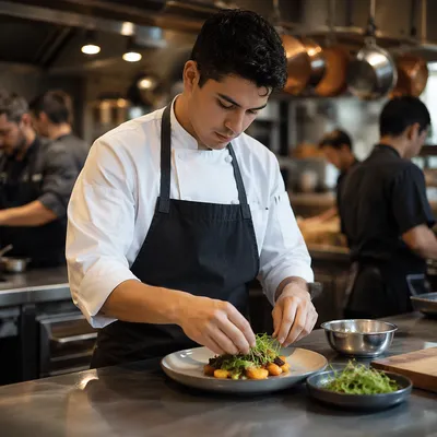 Focused Chef Plating Dish in Restaurant Kitchen