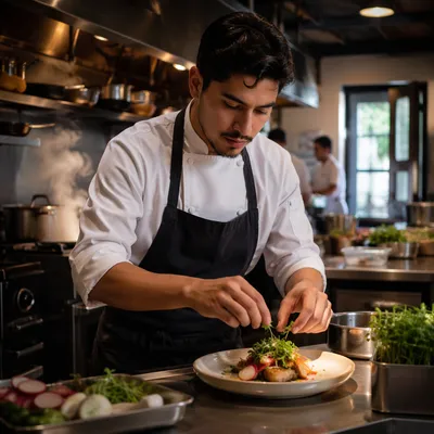 Focused Chef Plating Dinner in Busy Kitchen