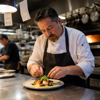 Chef Plating Dish in Restaurant Kitchen