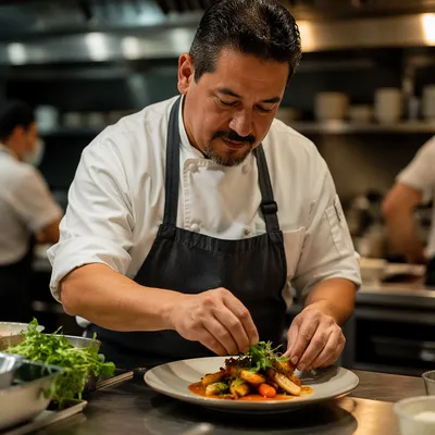 Chef Plating Dish in Busy Kitchen