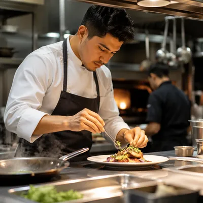 Chef Plating Dinner in Restaurant Kitchen