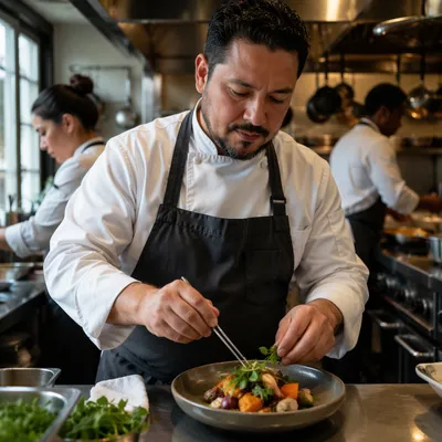 Chef Plating Vegetable Dish in Restaurant Kitchen