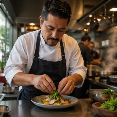 Chef Plating Dish in Restaurant Kitchen