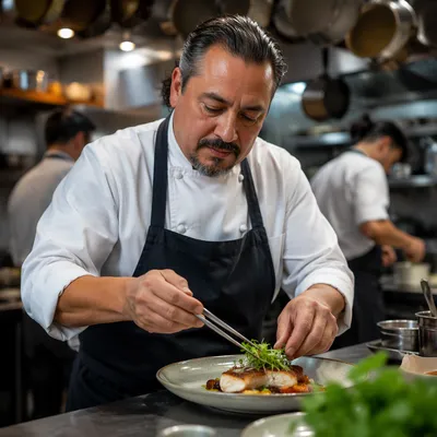 Chef Plating Entrée in Busy Kitchen