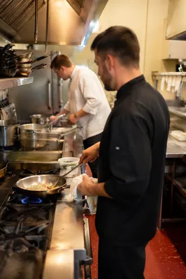 Chefs Preparing Food in Busy Kitchen