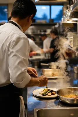 Chef Plating Vegetables in Modern Kitchen