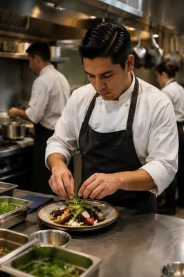 Chef Plating Dish in Restaurant Kitchen